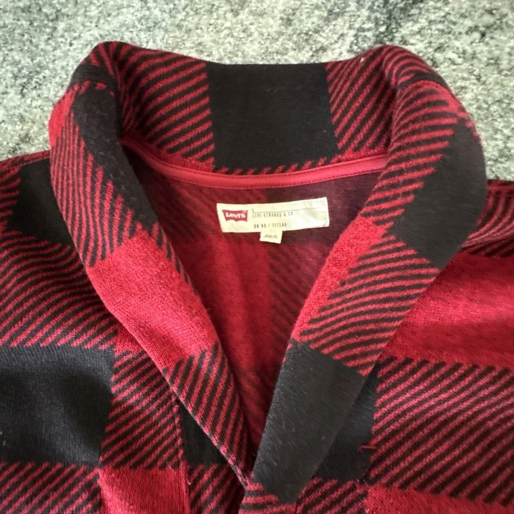 Levi's Buffalo Plaid Cardigan Mens L Red Black Excellent Shawl Collar Knit #927